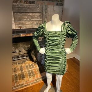 For Love & Lemons green polka ruched dress stretch satin